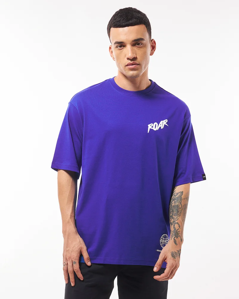 بيواكوف Men's Blue Roaring Beast Graphic Printed Oversized T-shirt